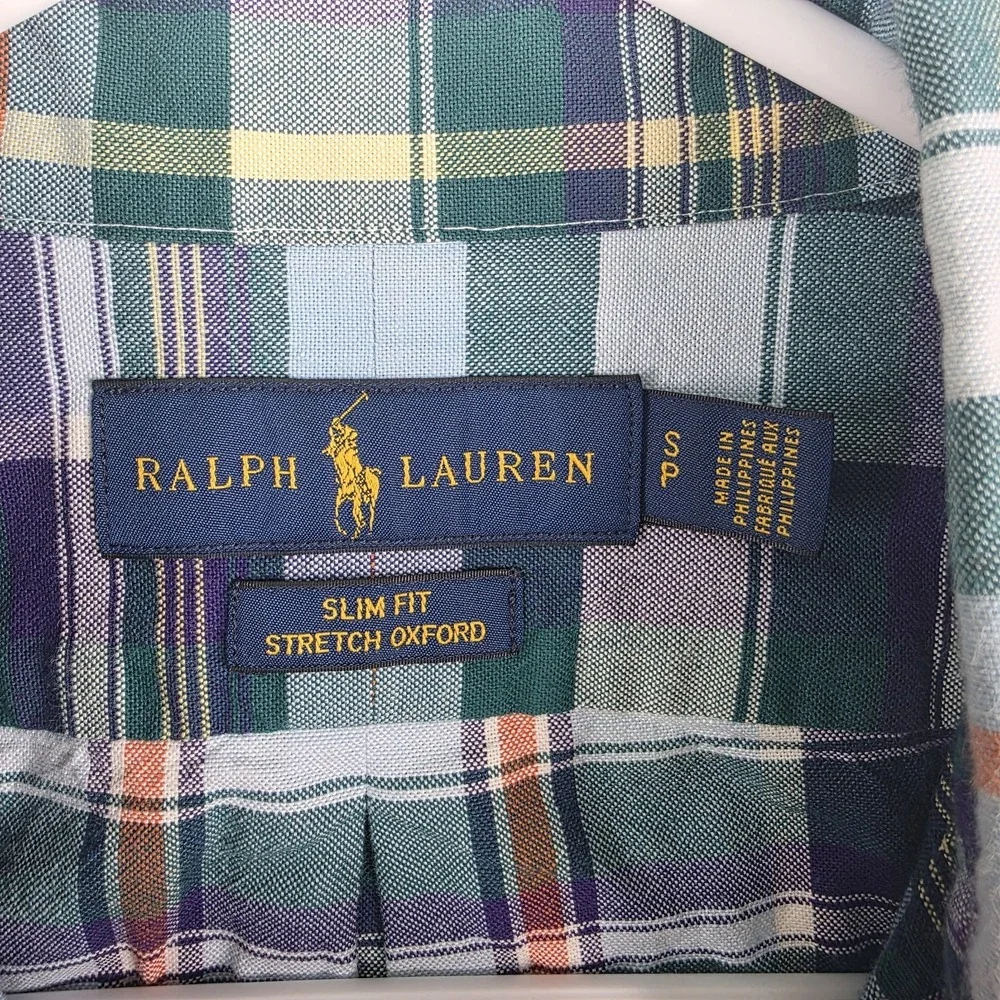 Ralph Lauren Men S Slim Fit Stretch Oxford Green Plaid Shirt Button Flesh Pony‎